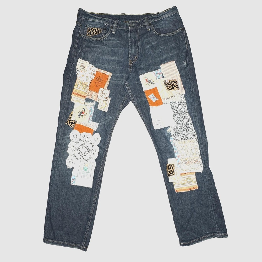 Levi's 511 Jeans Womens 32x30 Custom Patchwork Upcycled Denim‎ Lace Boho Cottage